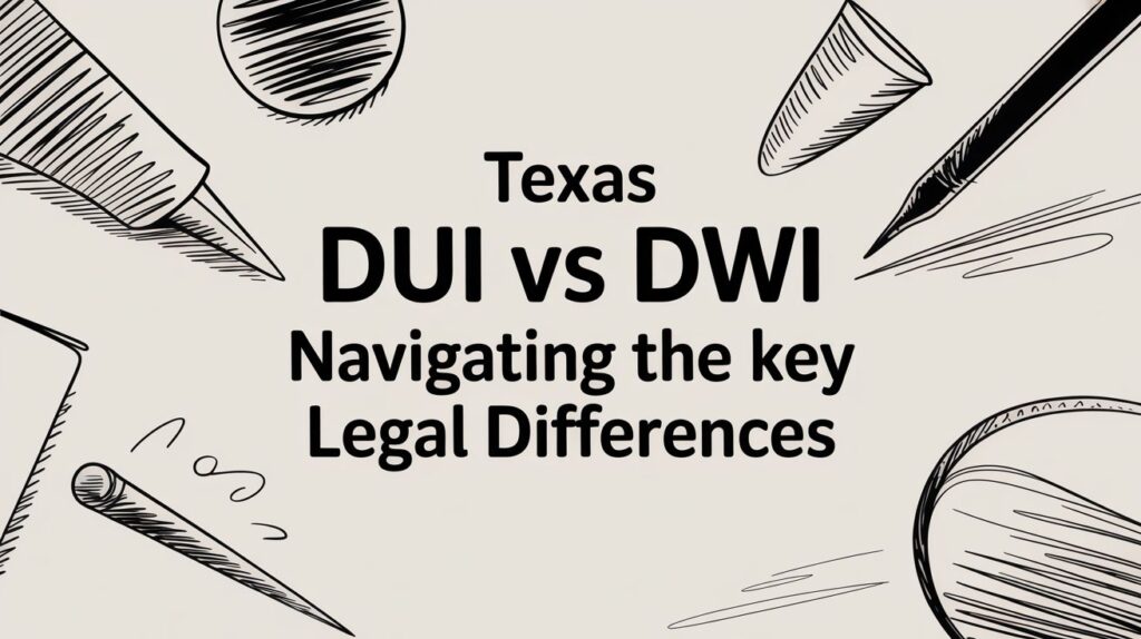 Texas DUI vs DWI graphic illustrating key legal differences with stylized legal symbols and text.
