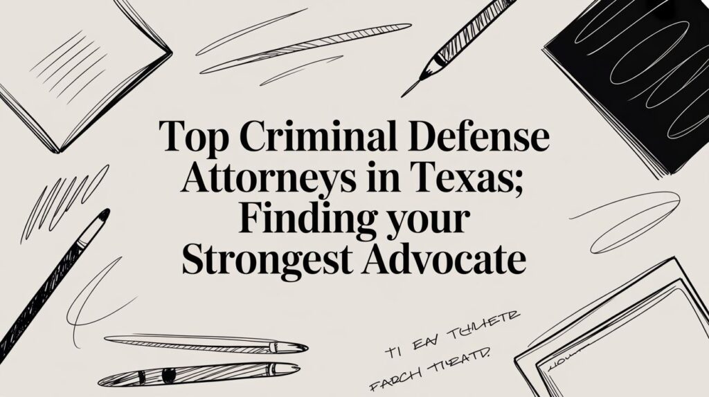 Top Criminal Defense Attorneys in Texas graphic featuring the phrase "Finding your Strongest Advocate" with legal-themed illustrations.
