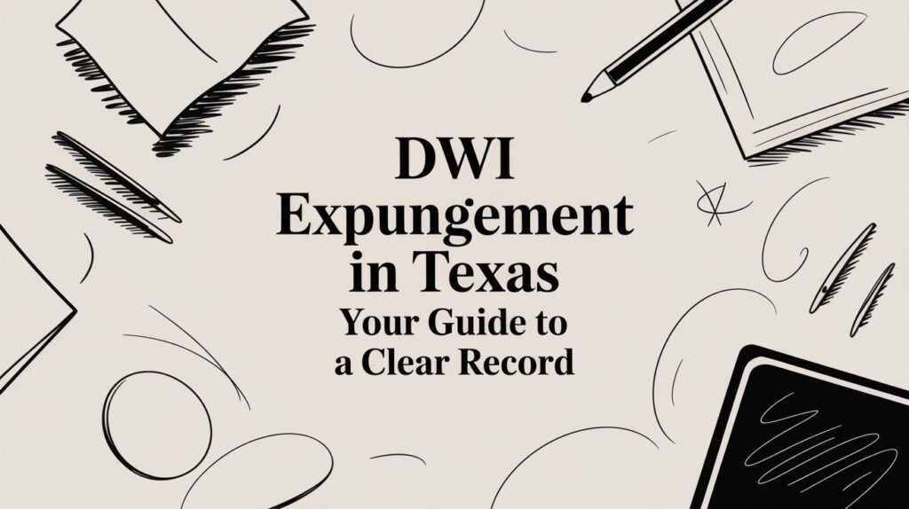 DWI expungement in Texas guide with text overlay, featuring a clean design and surrounding sketches of office supplies, emphasizing legal clarity and record clearing.