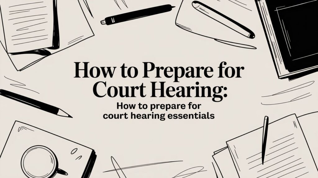 How to prepare for court hearing essentials with notebooks, pens, and a coffee cup, emphasizing legal preparation for court in Texas.