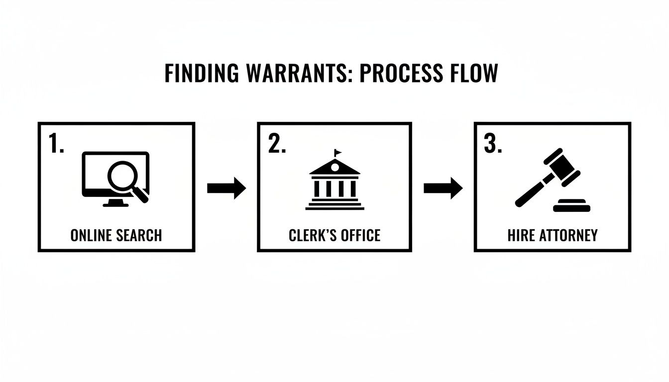 A three-step process flow for finding warrants, including online search, clerk's office, and hiring an attorney.