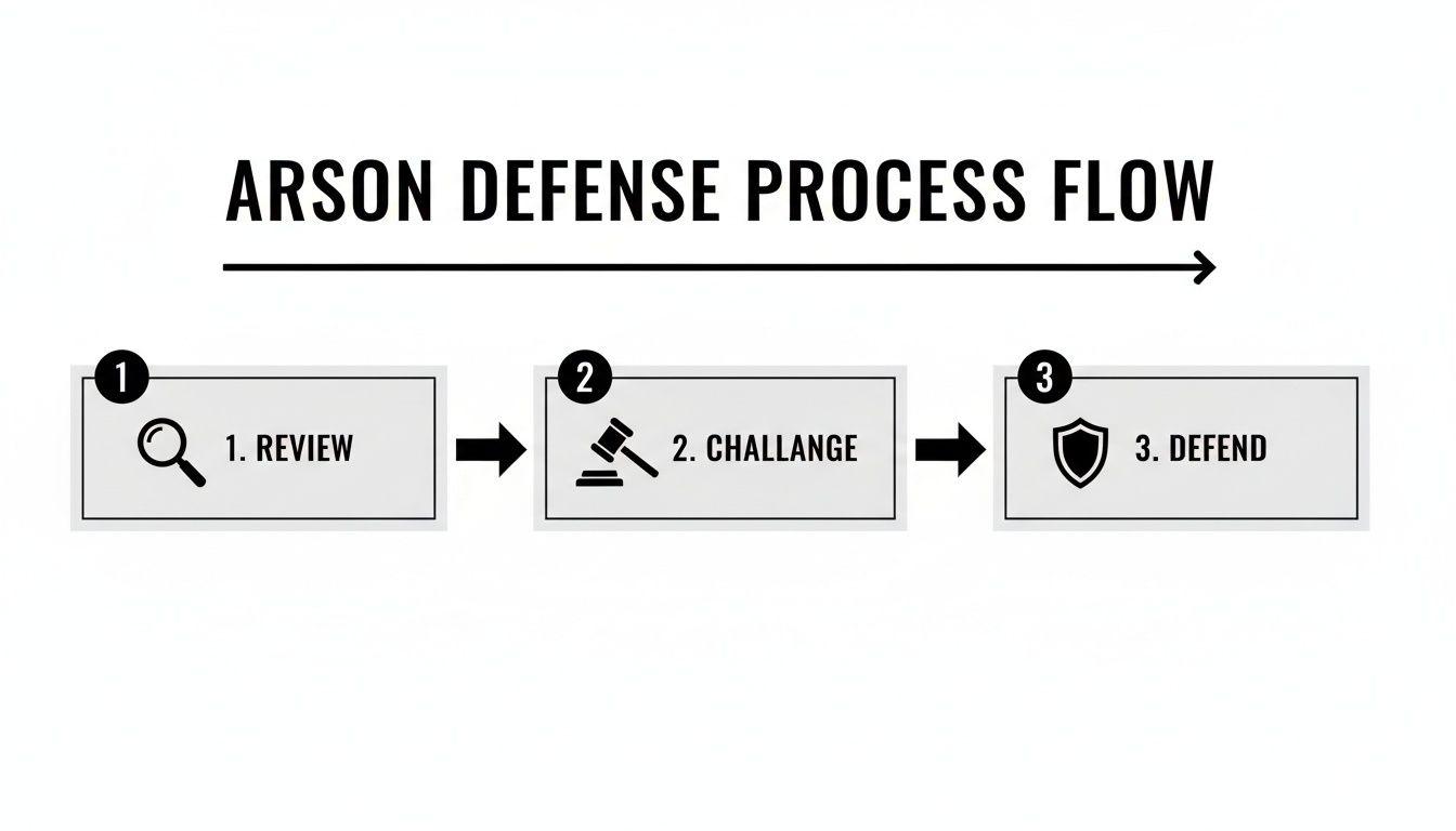 Arson defense process flow diagram outlining three key steps: review, challenge, and defend.