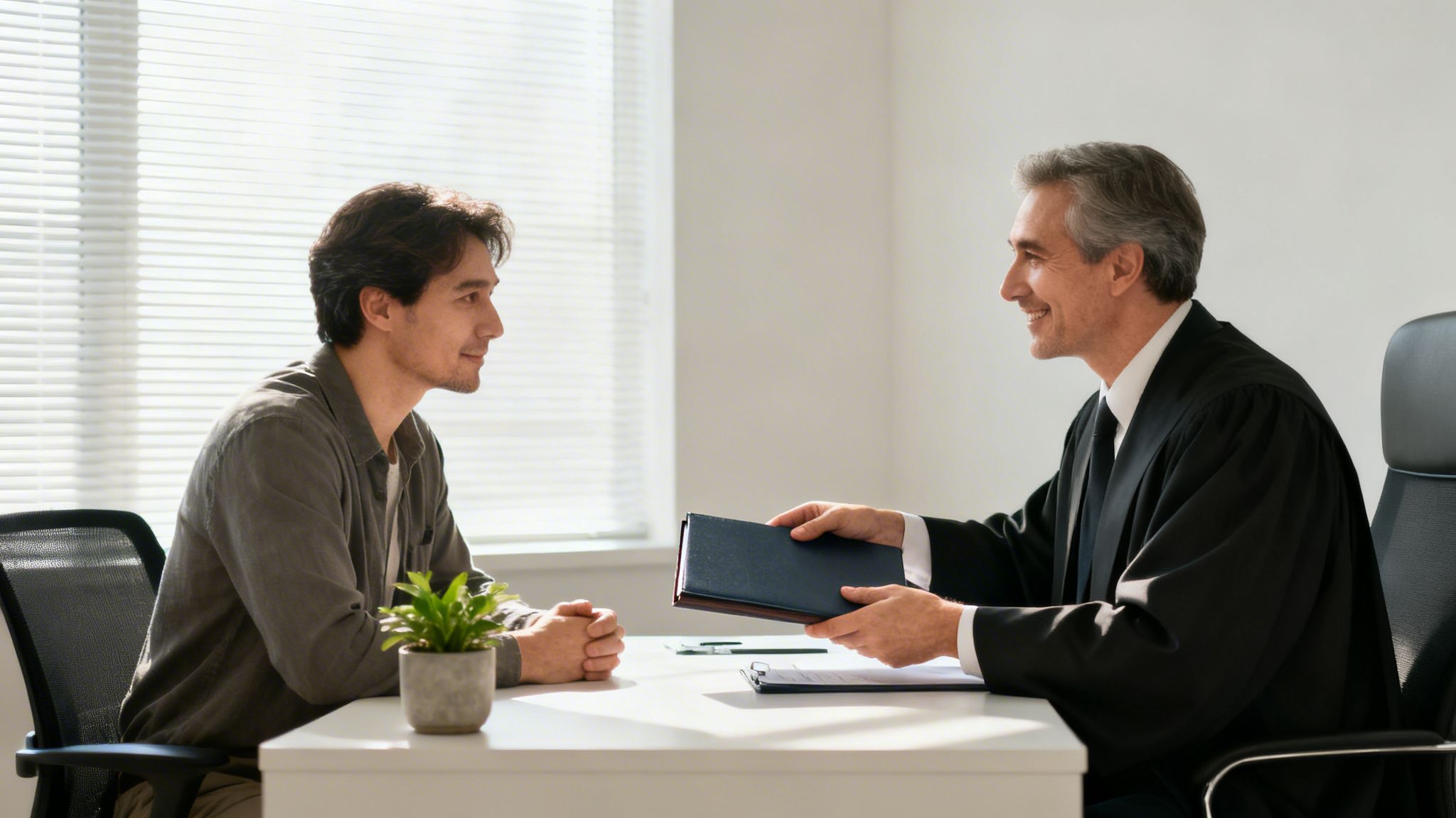 A smiling lawyer in a black robe hands documents to a client across a white desk.