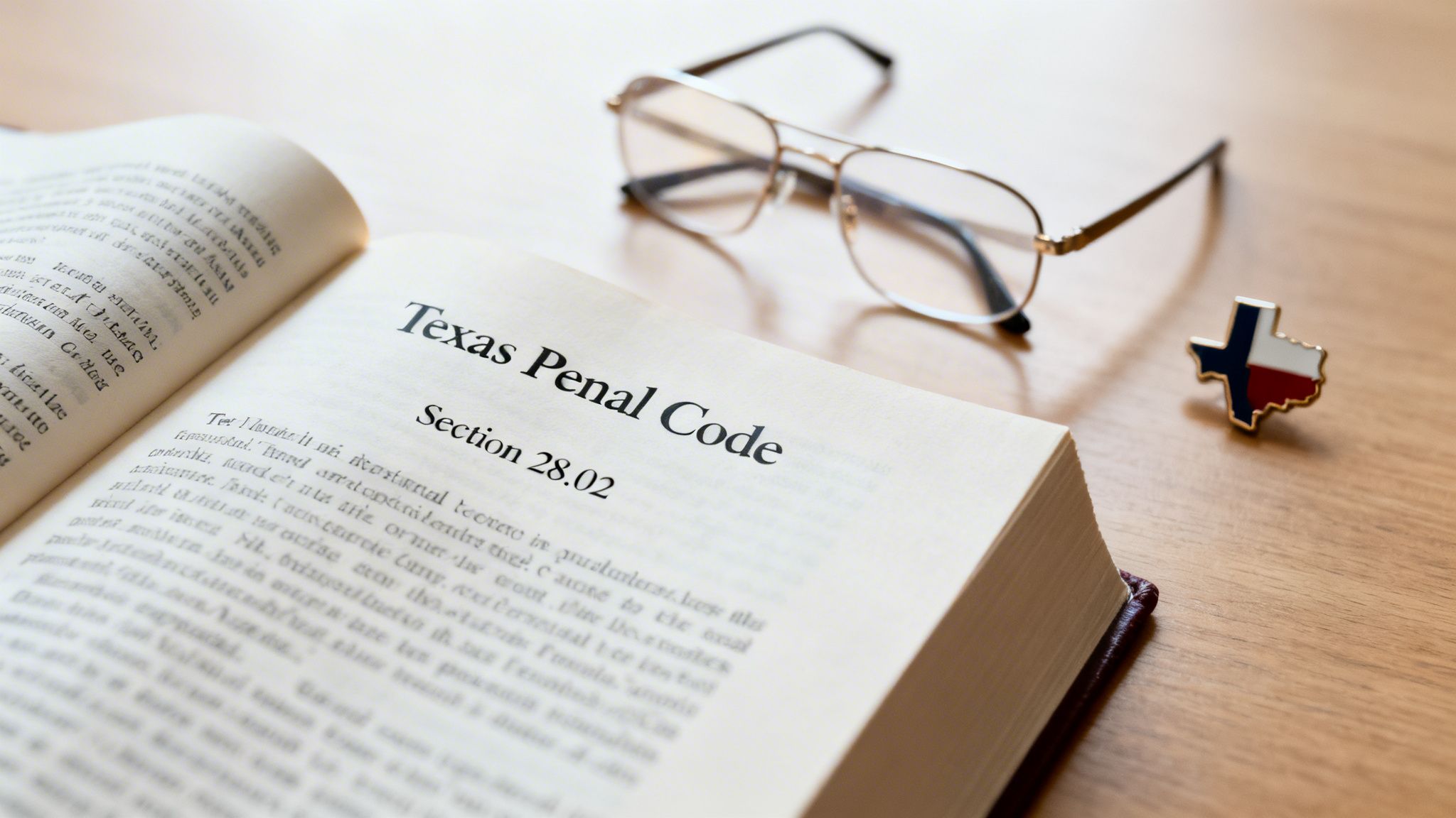 An open book displaying "Texas Penal Code Section 28.02" with glasses and a Texas flag pin.