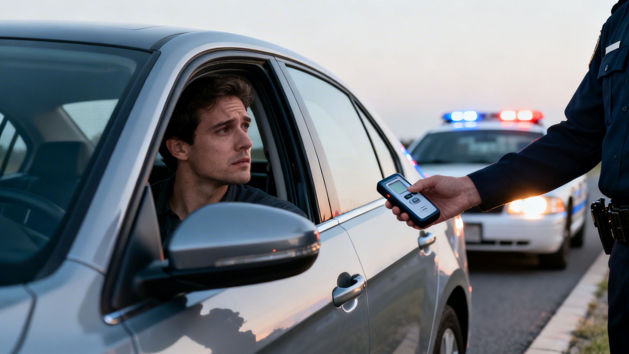Concerned driver looks at police officer holding breathalyzer during a traffic stop.