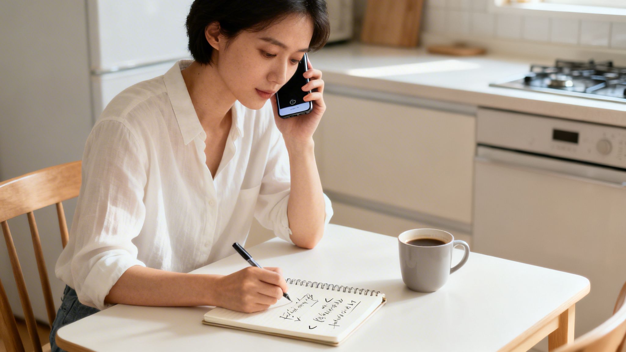Young woman talks on a smartphone while writing notes in a notebook at a kitchen table.