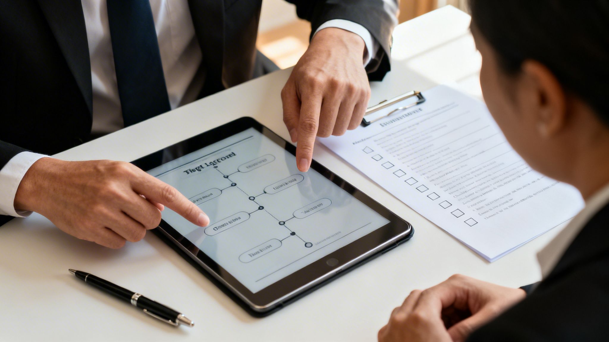 Two business professionals discussing a flowchart on a tablet during a meeting.