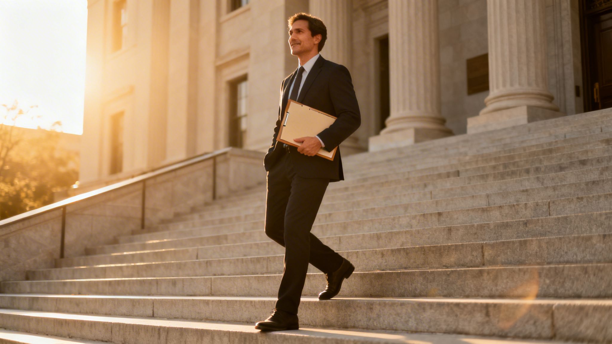 Professional man in a suit walking down courthouse steps with a clipboard at sunset.
