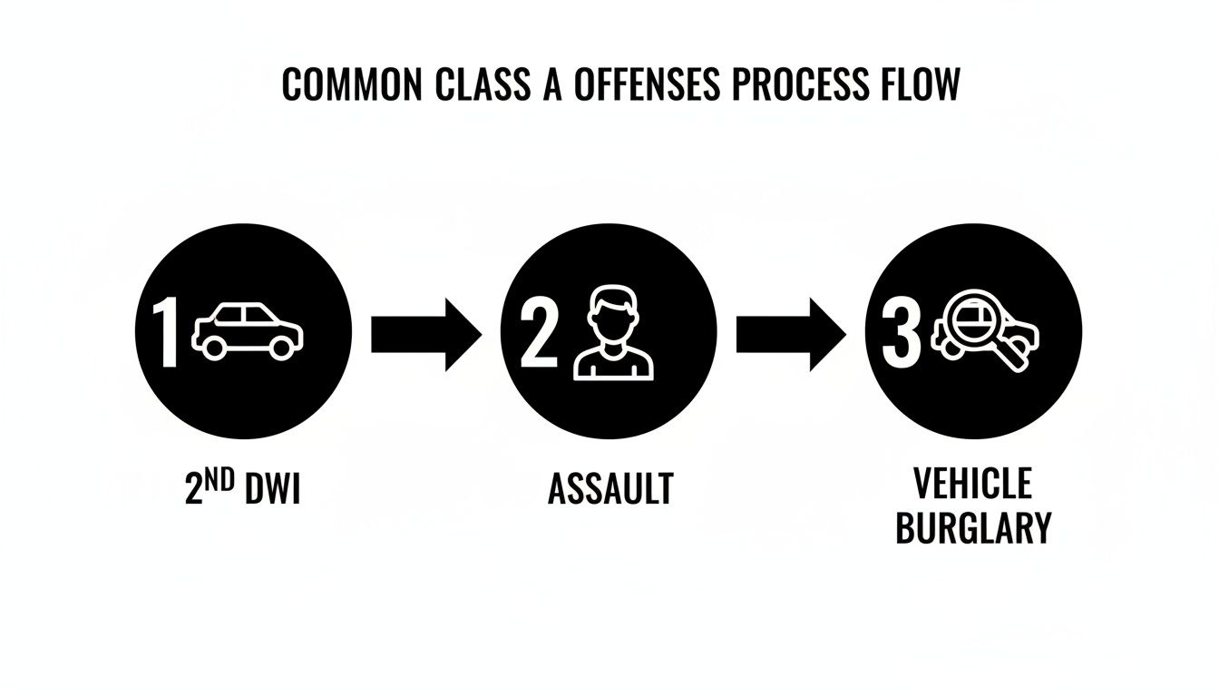 Flowchart illustrating common Class A offenses process: 2nd DWI, Assault, and Vehicle Burglary.