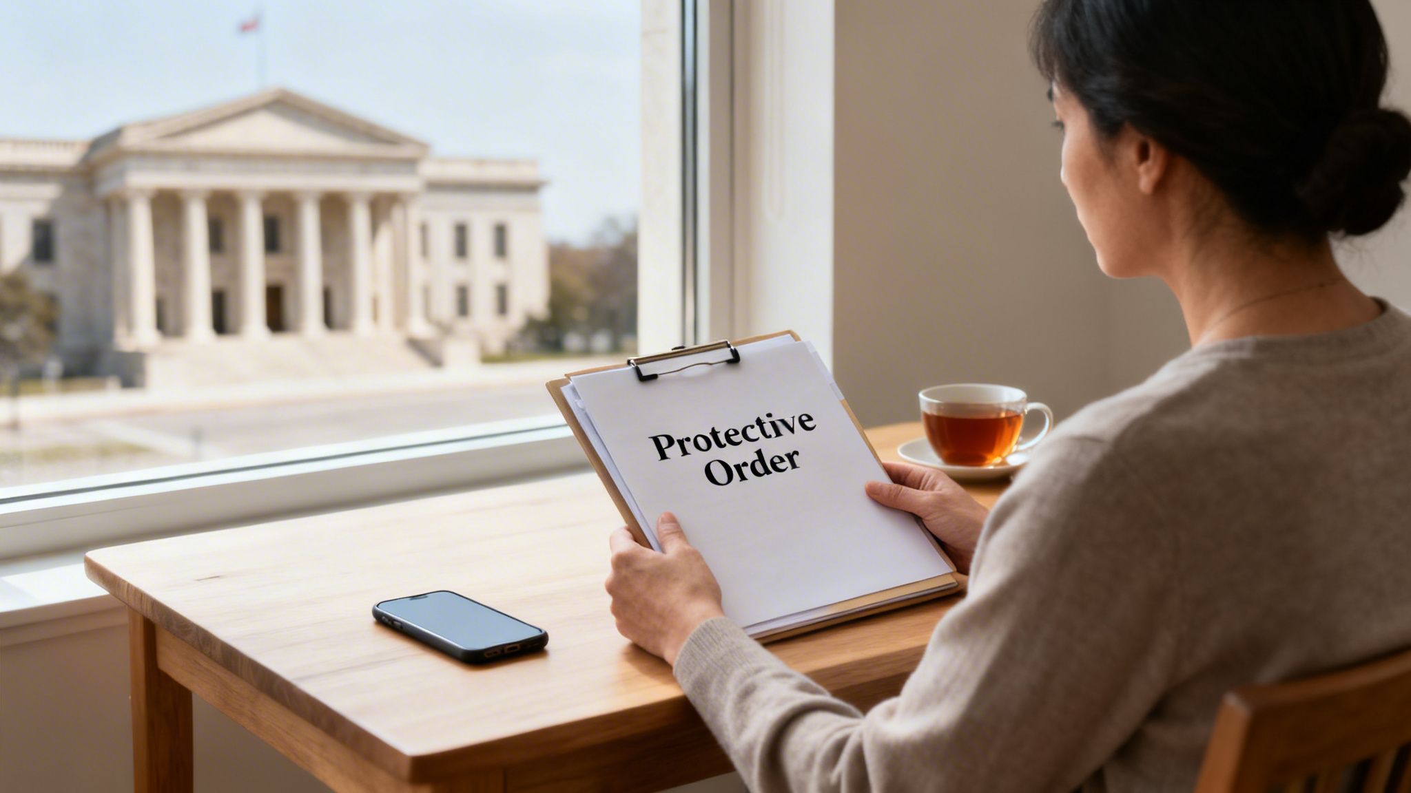 Person holding 'Protective Order' document, looking towards a courthouse, with a phone and tea nearby.