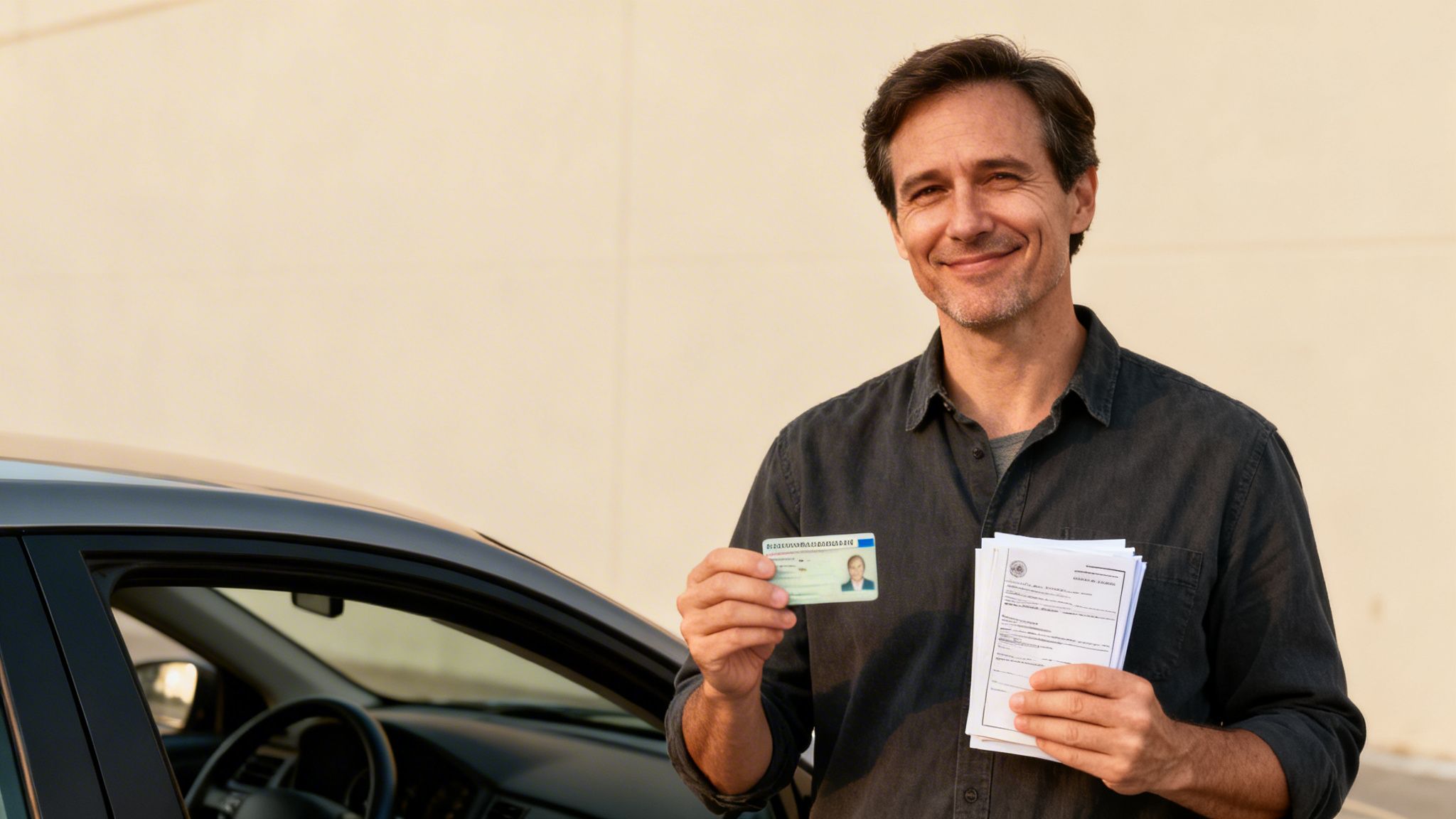 A smiling man stands next to a car, holding a driver's license and documents.