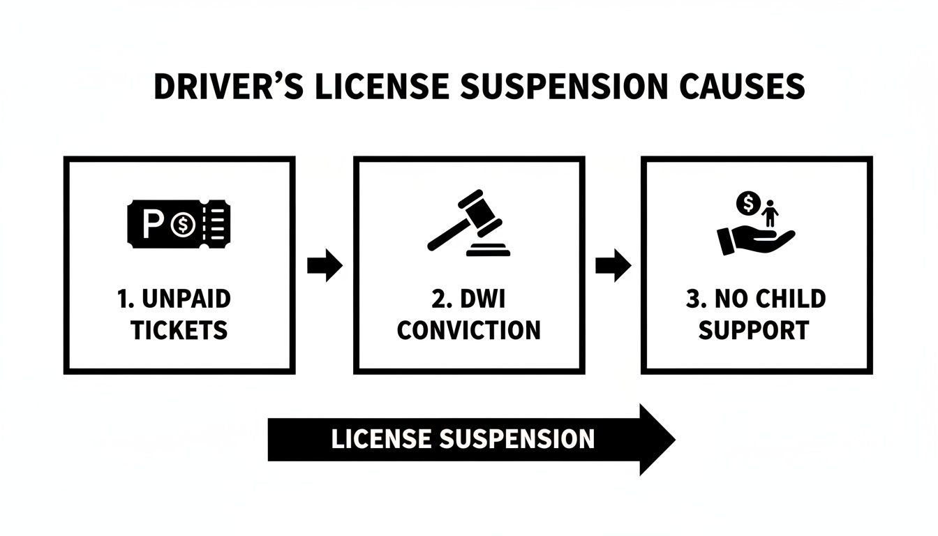 A flowchart illustrating three common causes for driver's license suspension: unpaid tickets, DWI conviction, and no child support.