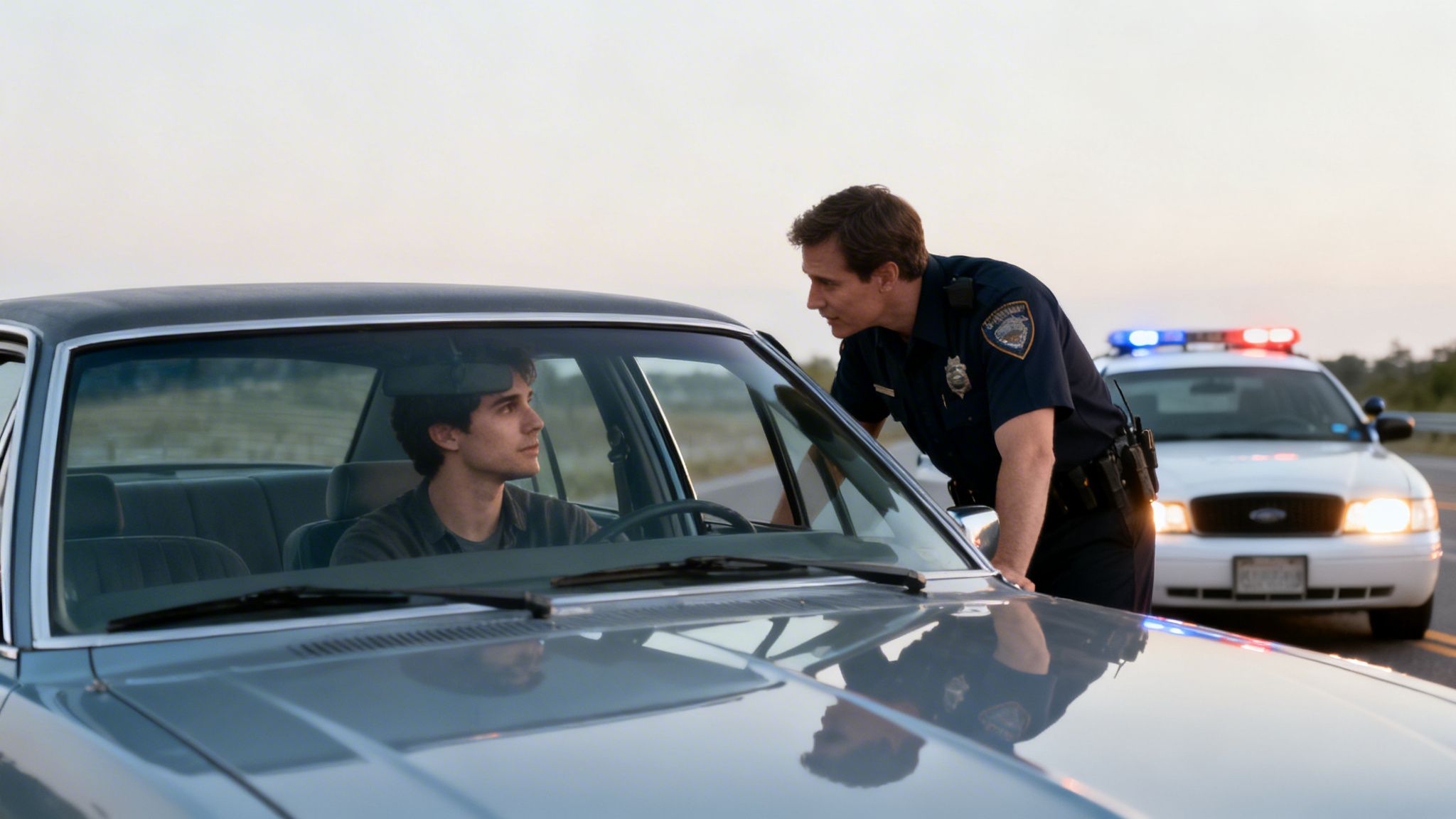 A police officer leans into a car window, speaking to a young driver during a traffic stop.