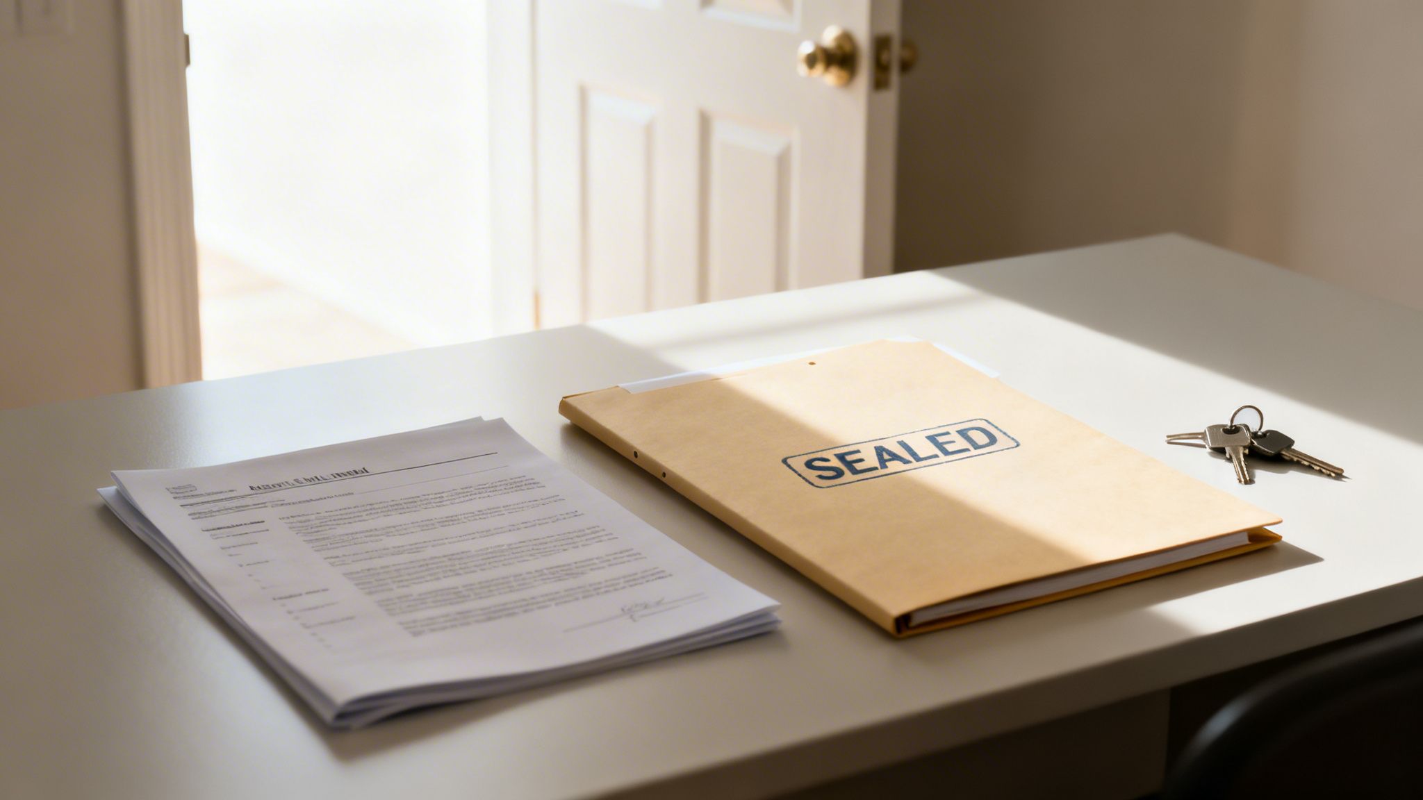 Legal documents, a sealed folder, and keys on a table with an open door in the background.