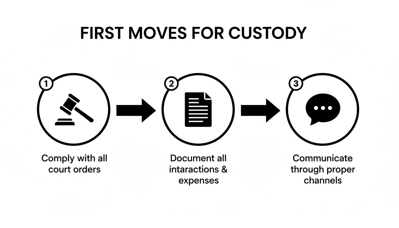 An infographic showing three essential steps for custody cases: court compliance, documentation, and proper communication.