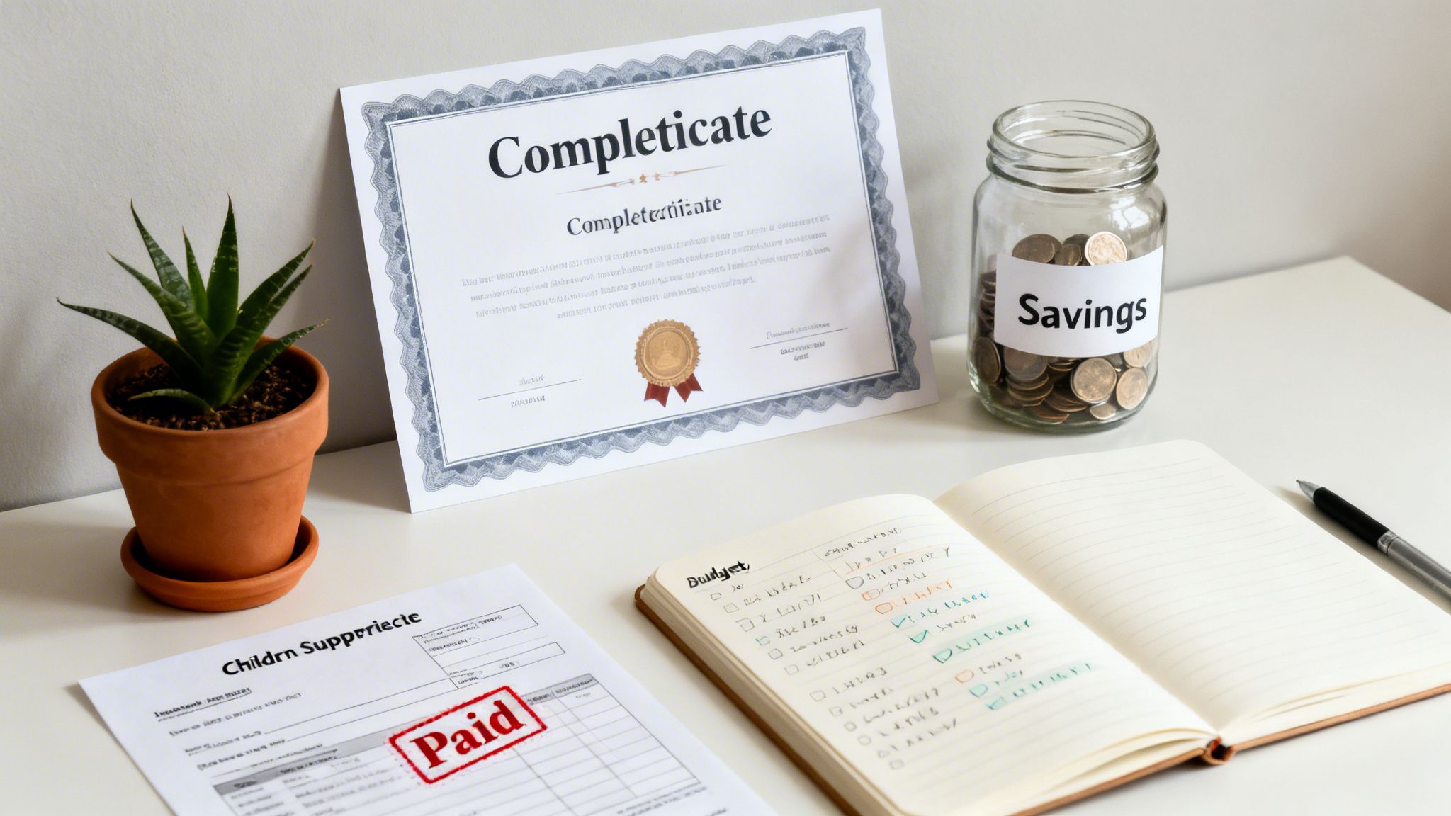 A desk with a 'Completicate' certificate, a savings jar, a budget notebook, and a paid child support document.