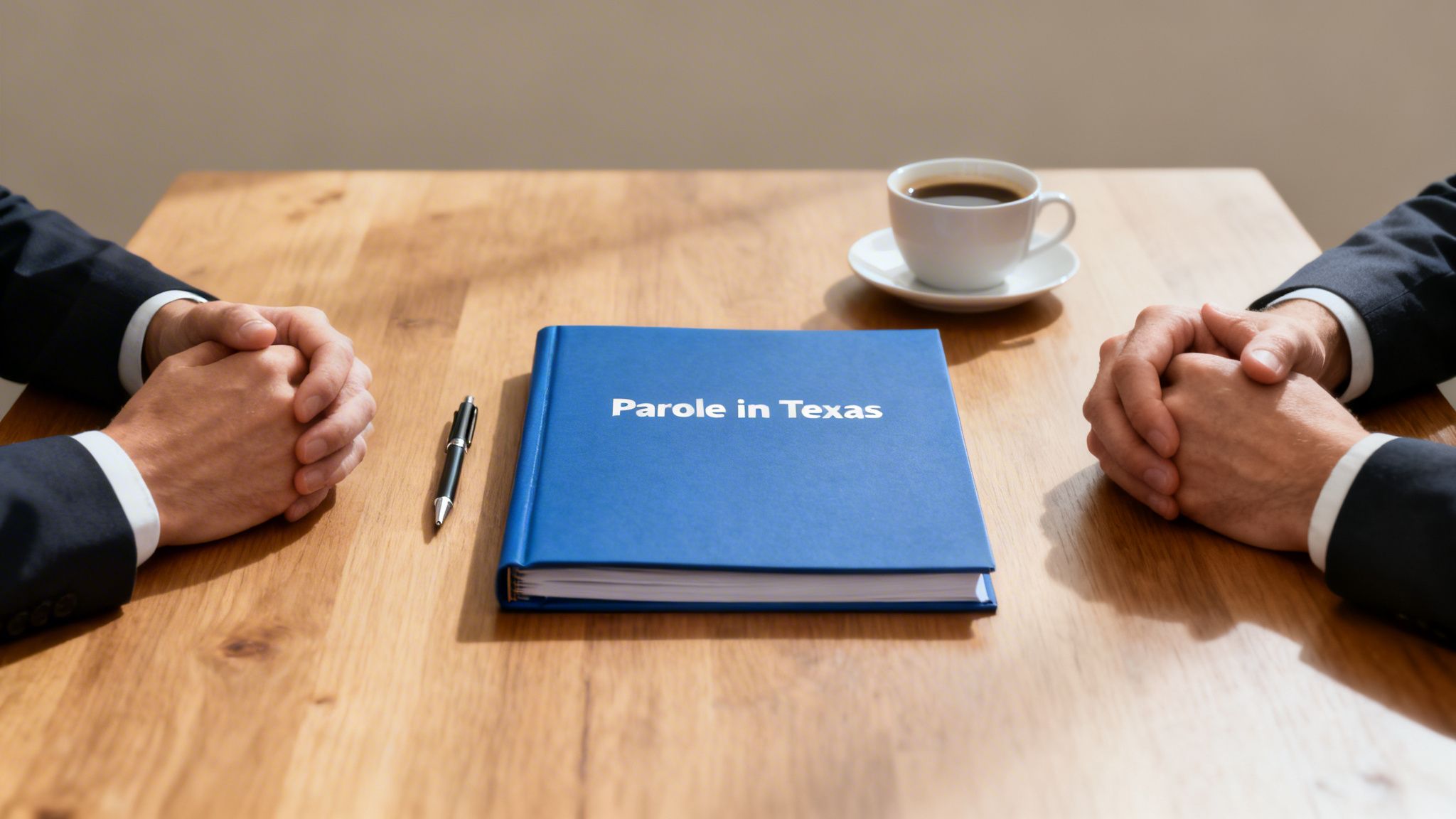 Two people in suits at a wooden table with a blue book titled 'Parole in Texas', a pen, and coffee.