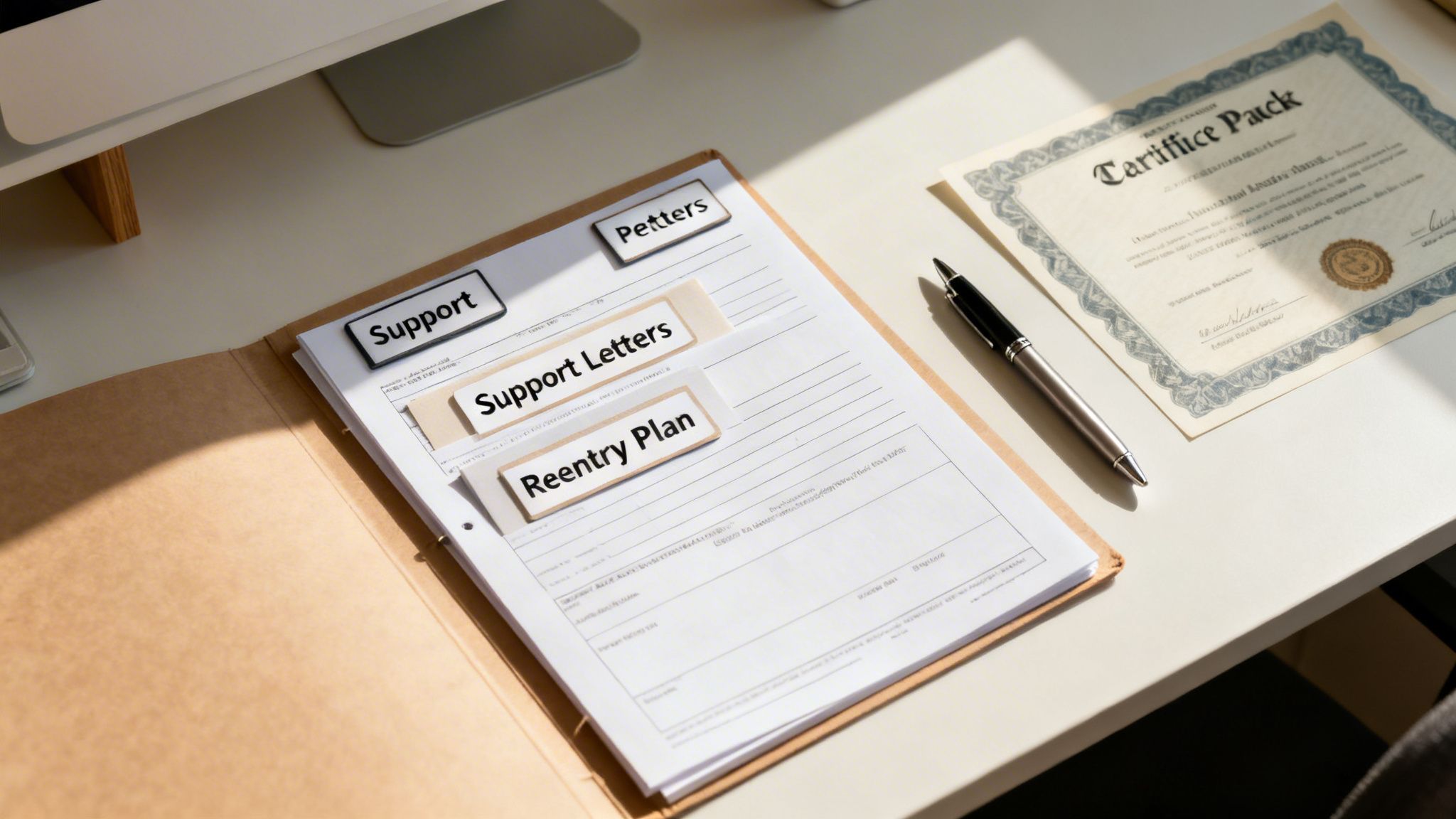 A desk with an open file folder containing 'Support' and 'Reentry Plan' documents, a pen, and a certificate.