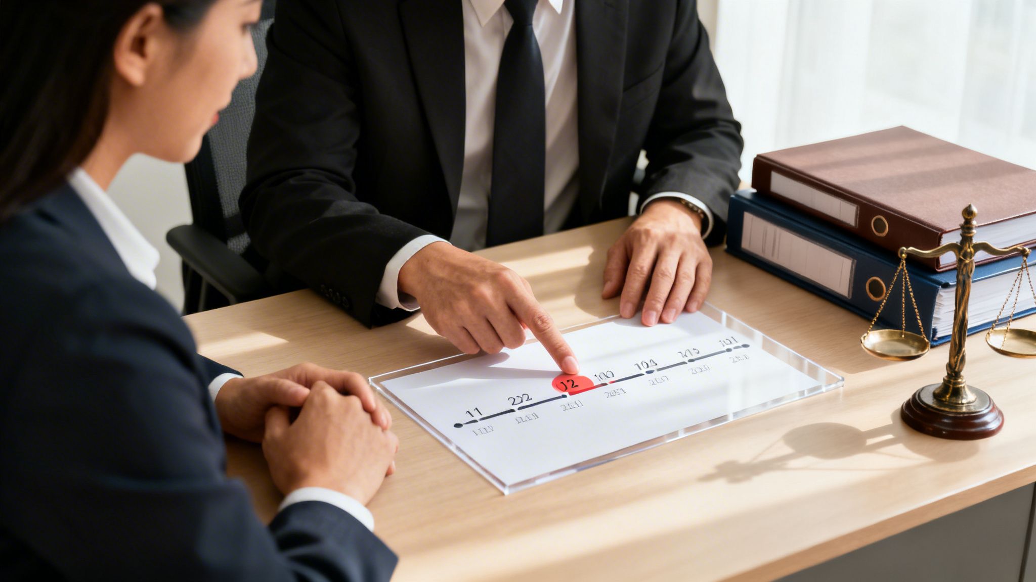 Lawyers discussing a legal timeline with binders and a scale of justice on the desk.