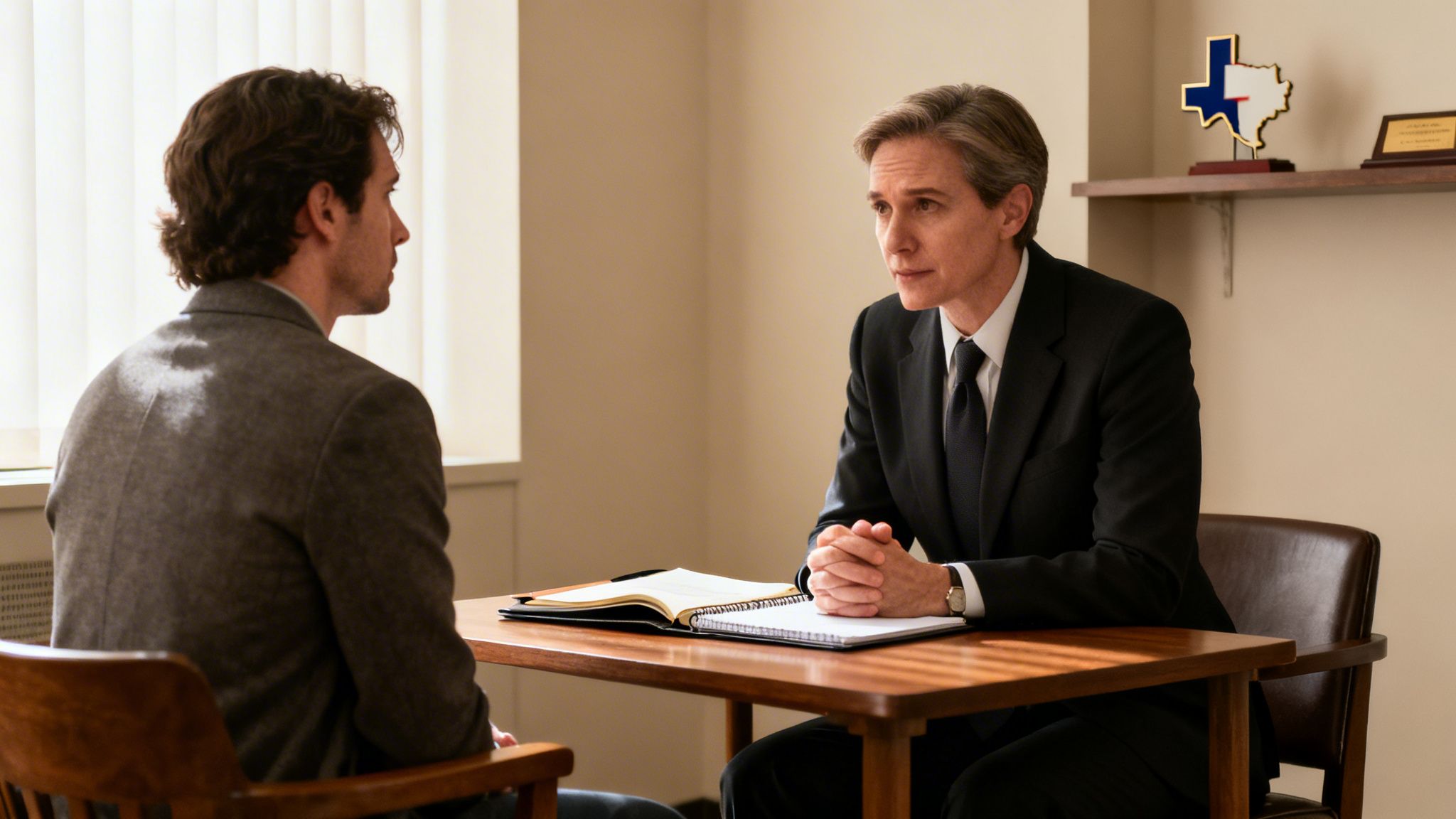 Two men, one in a dark suit, sit across a wooden table from each other in an office.