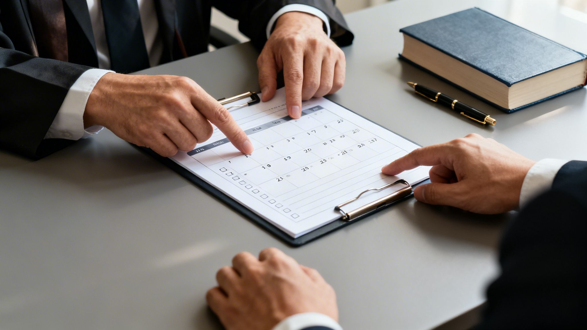 Two professionals in suits discuss a calendar schedule, pointing at dates on a document.