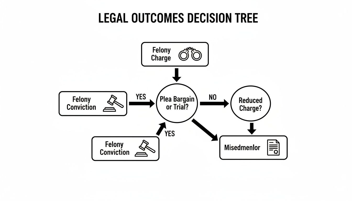 A legal outcomes decision tree flowchart illustrating paths from a felony charge to conviction or reduced charge.