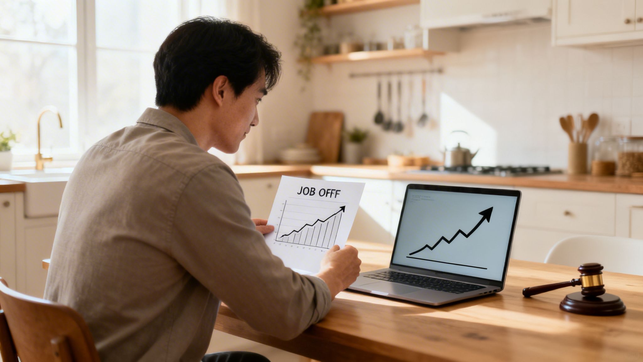 A man at a kitchen table reviews a 'JOB OFFF' graph on paper and laptop next to a gavel.
