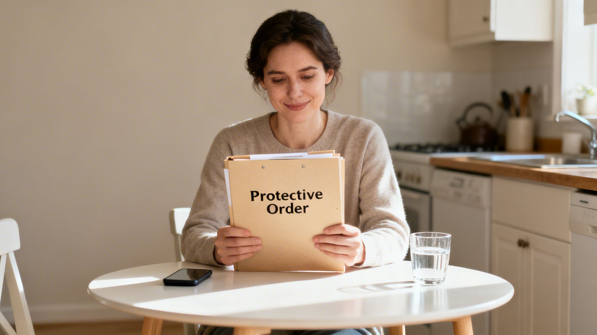 A smiling woman in a kitchen looks at a folder labeled 'Protective Order' at a table.
