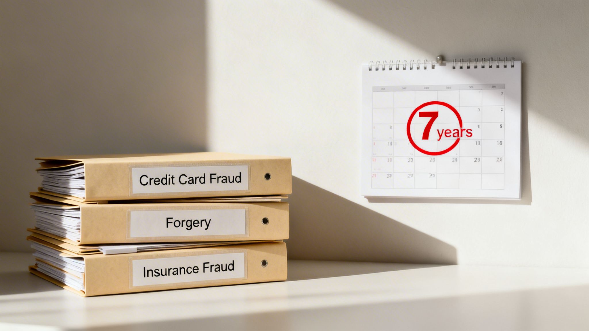 Three legal folders for 'Credit Card Fraud,' 'Forgery,' and 'Insurance Fraud' sit beside a calendar highlighting '7 years'.