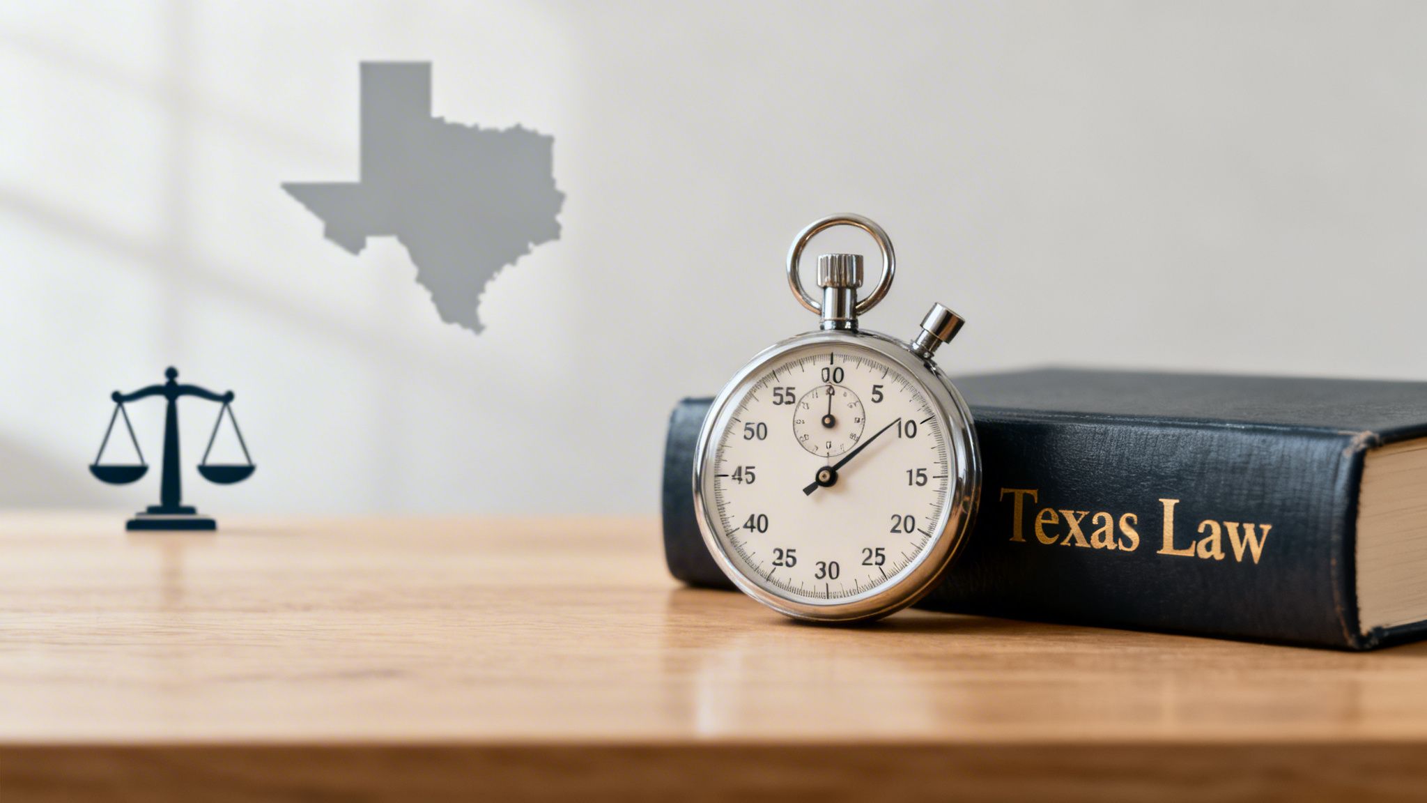 A stopwatch, scales of justice, and a Texas law book on a table, with a Texas map.