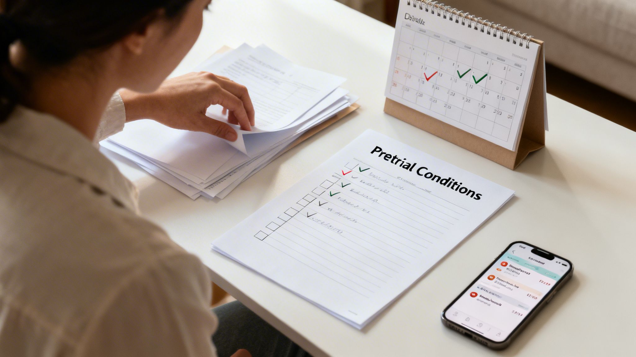 A person reviews a 'Pretrial Conditions' checklist with documents, a calendar, and a smartphone on a desk.