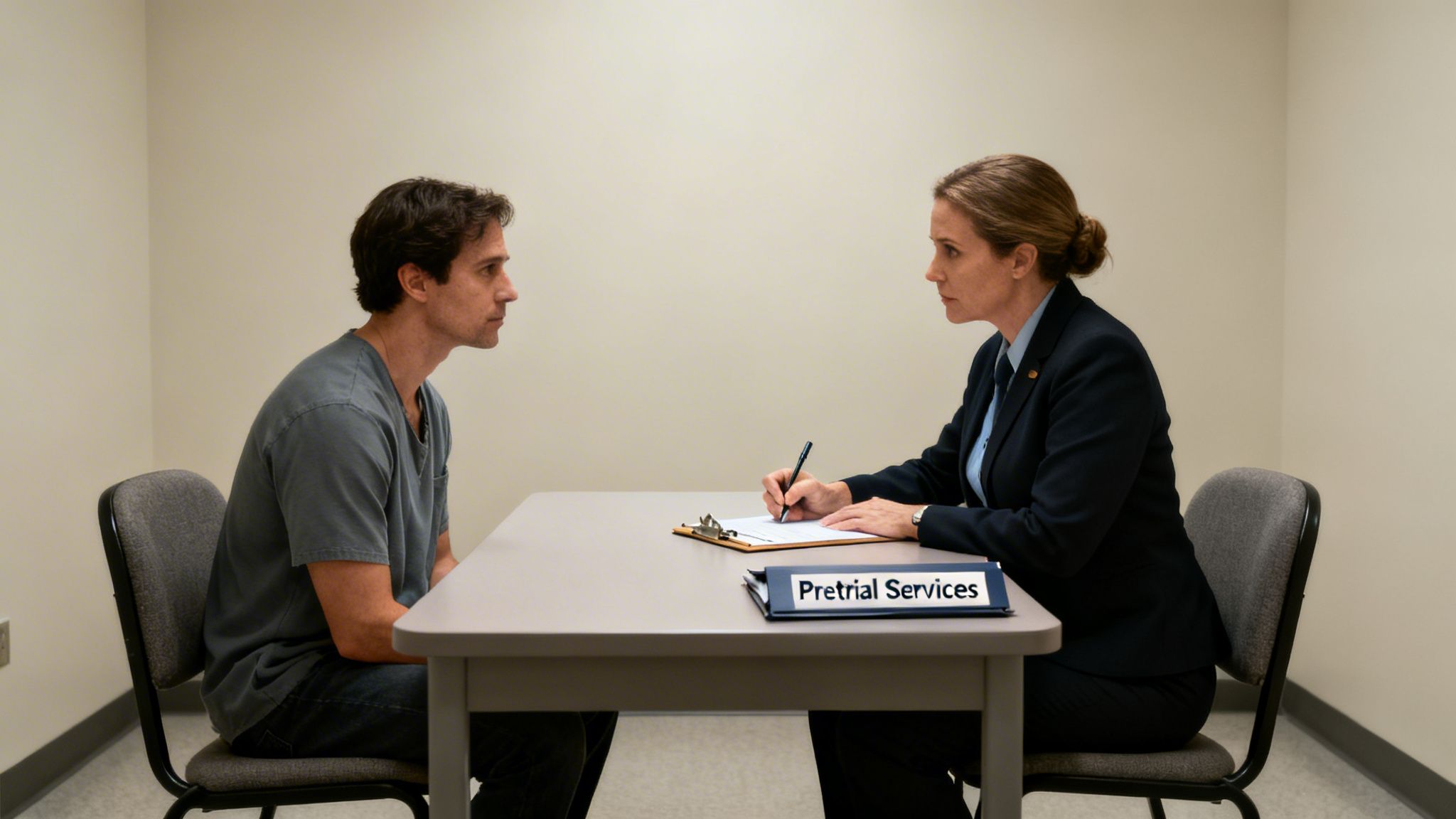 A man and woman sit at a table, with the woman in a suit writing on a clipboard, and a "Pretrial Services" sign on the table.