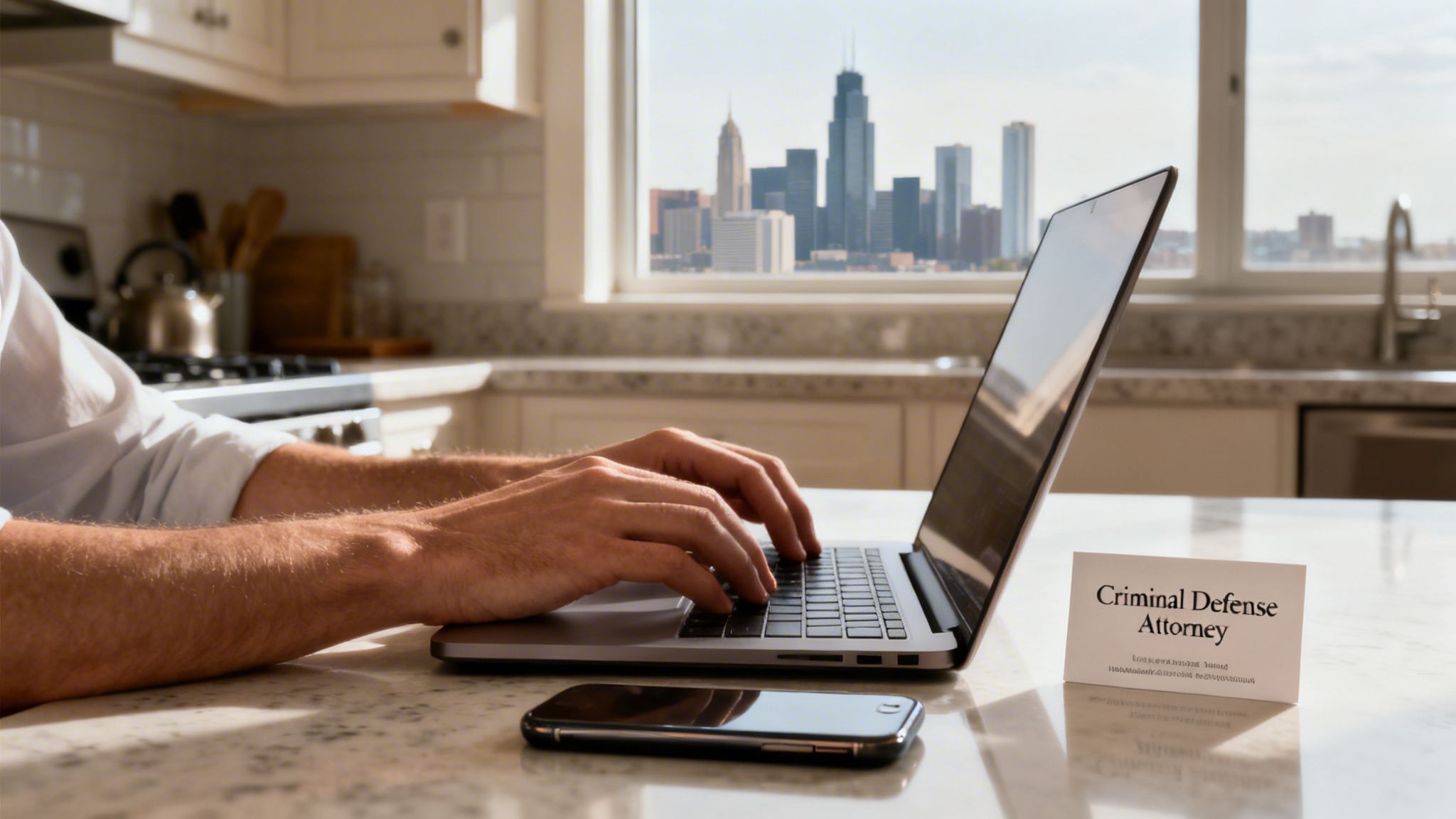A person types on a laptop in a modern kitchen overlooking a city skyline. A criminal defense attorney business card is on the counter.