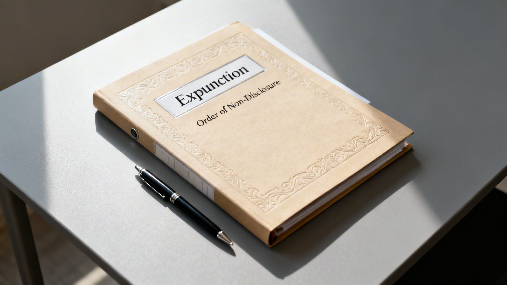 A brown file folder titled 'Expunction' and 'Order of Non-Disclosure' sits on a gray desk next to a pen.