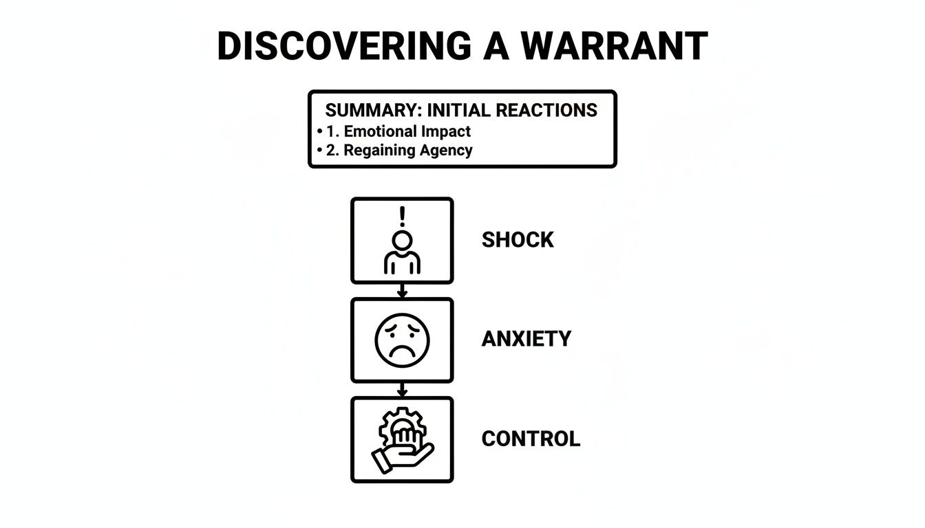 Flowchart illustrating the emotional journey of discovering a warrant, from shock to anxiety and control.