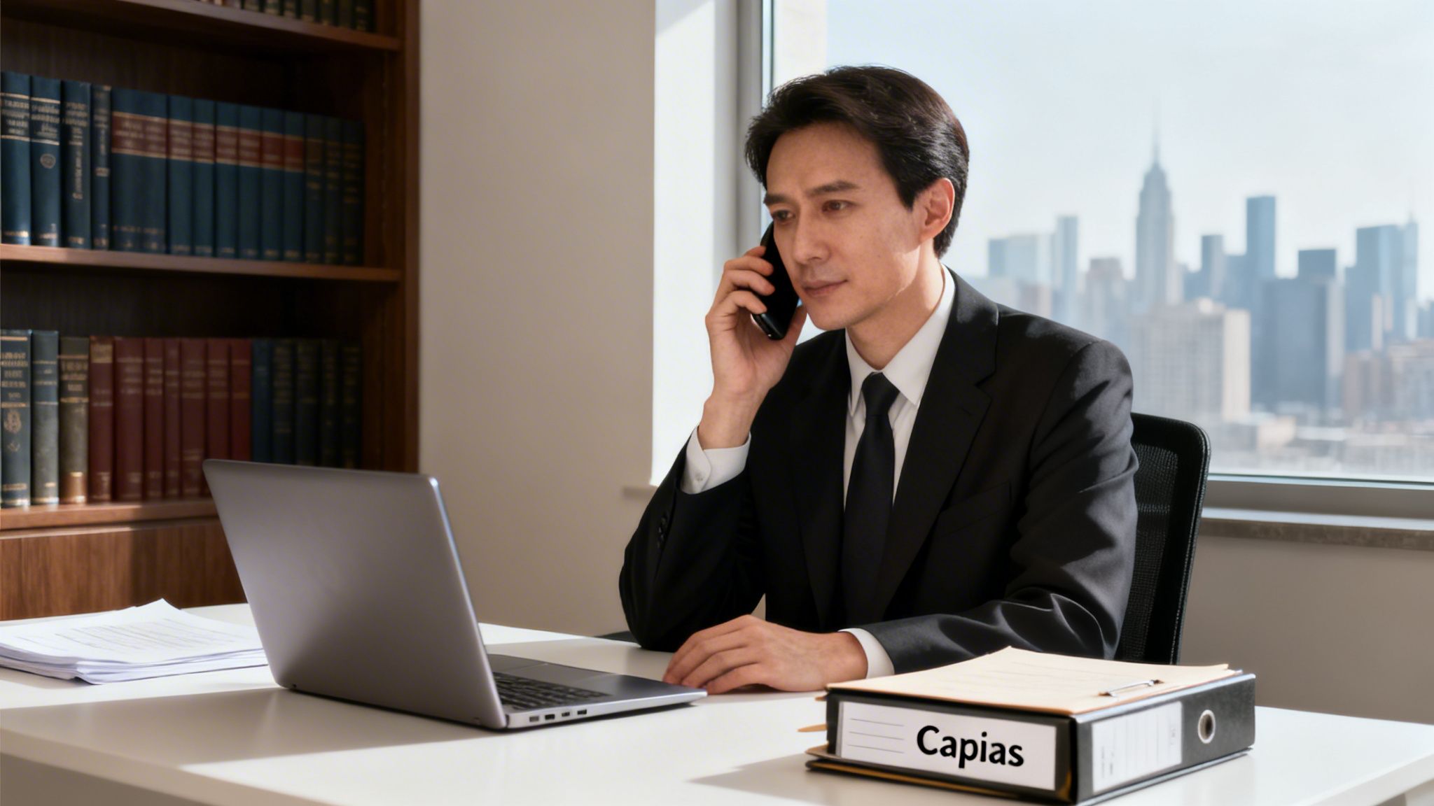 Professional Asian man in a suit on a phone call at a desk with 'Capias' folder and city view.