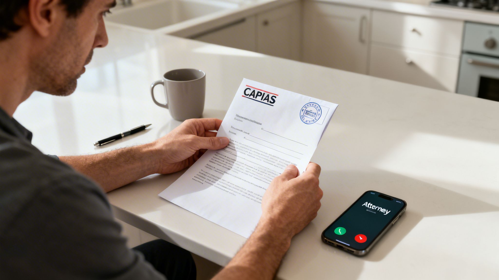 Man reads a CAPIAS document on a kitchen counter as an attorney calls his phone.