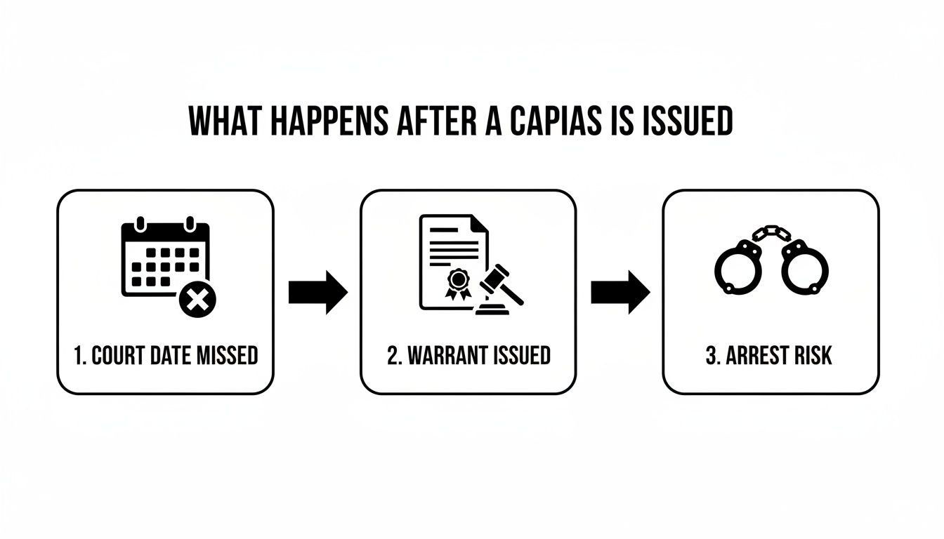 Flowchart illustrating the three steps after a capias is issued: missed court, warrant, and arrest risk.