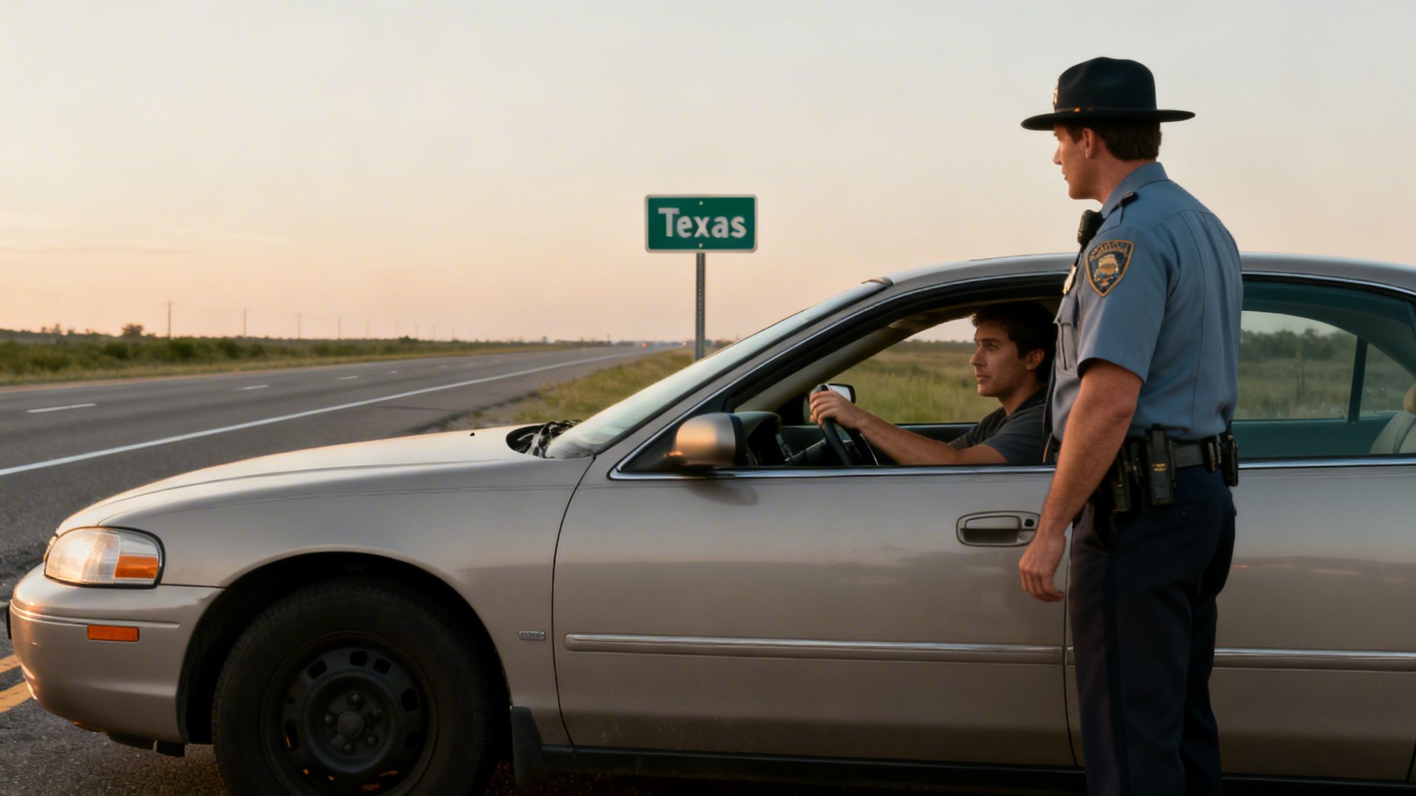 A police officer talks to a driver in a car pulled over on a highway, with a Texas sign in the background.