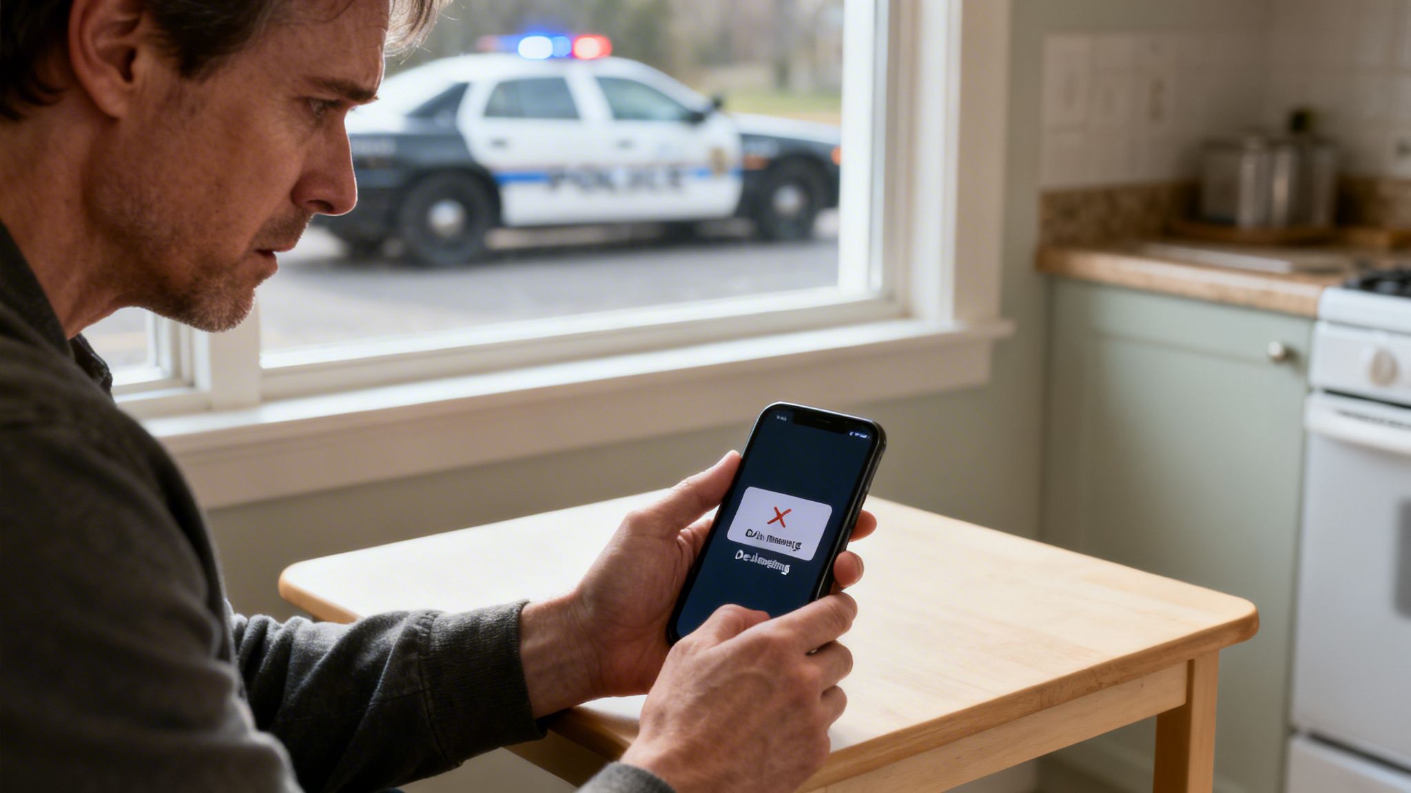 A man intently watches his smartphone, displaying a data error message, with a police car visible outside a window.