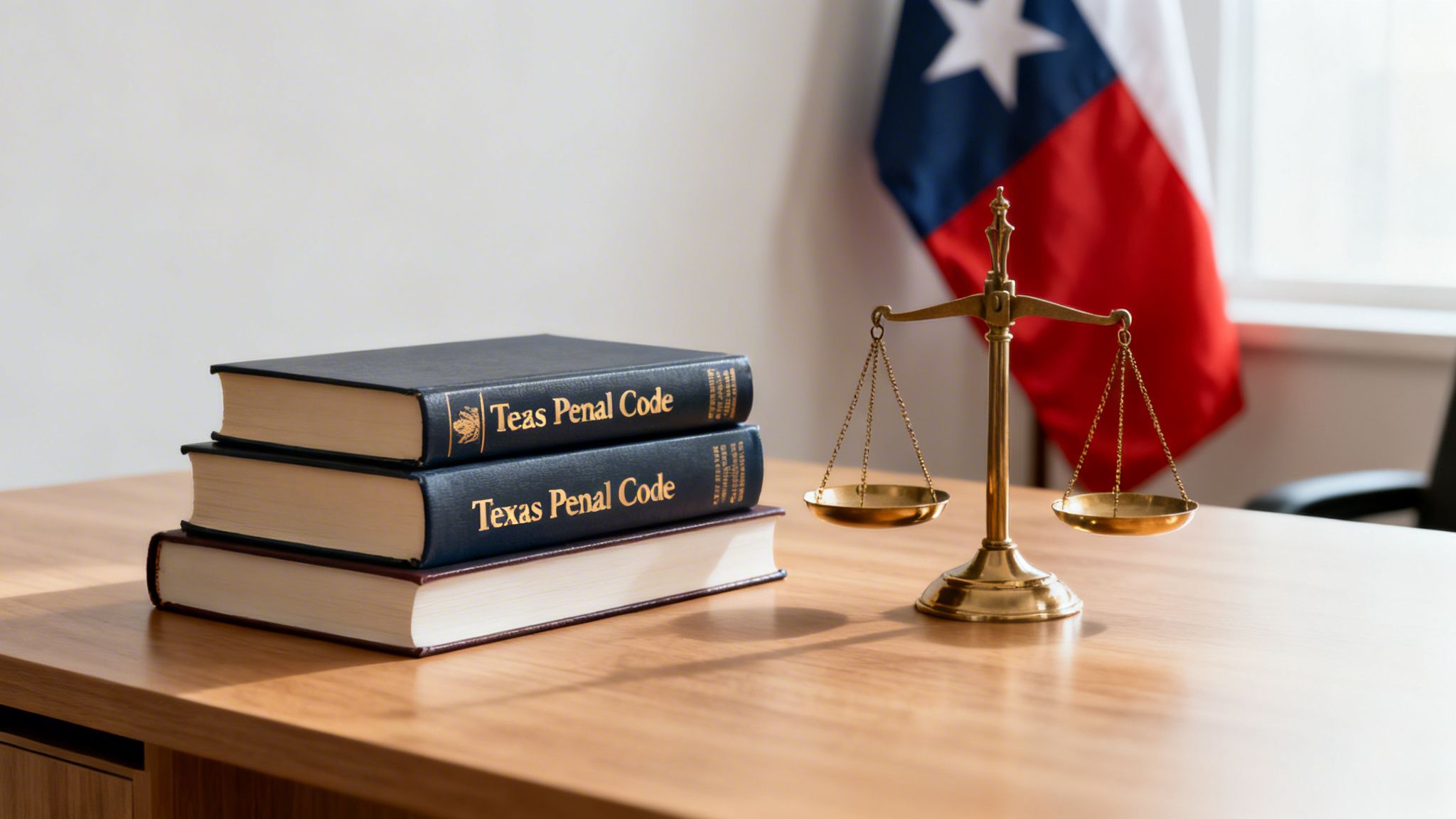 Stack of Texas Penal Code books and a golden scale of justice on a desk with the Texas flag.