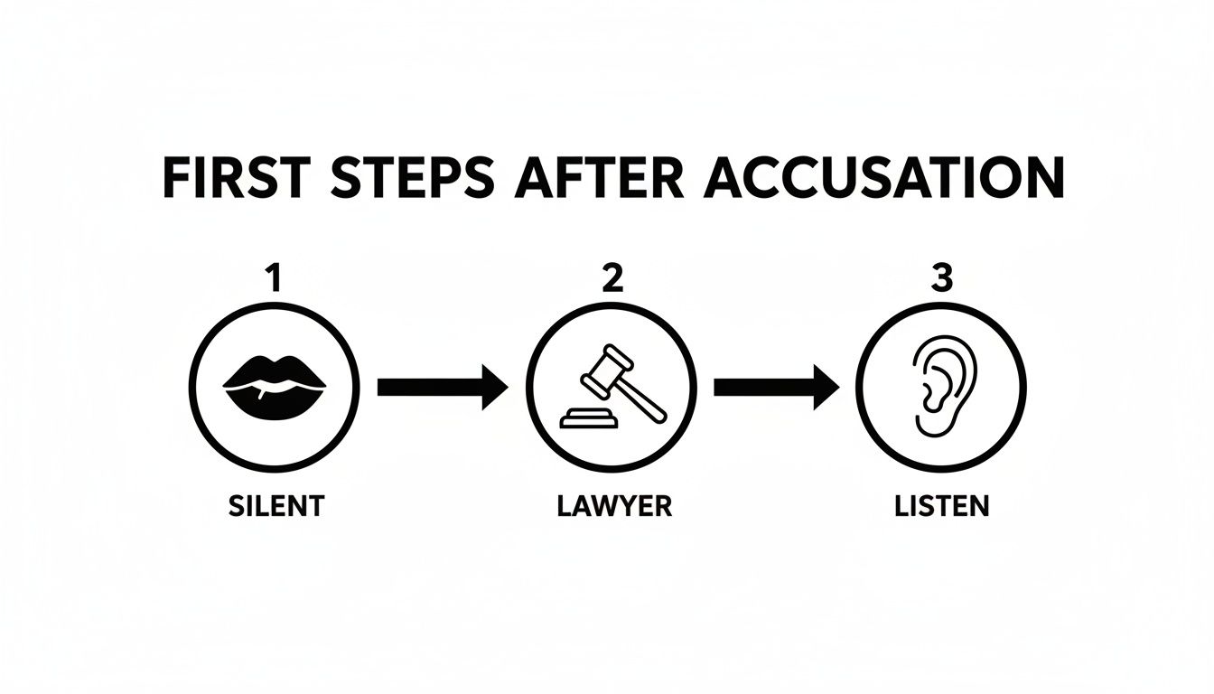 A flowchart illustrates three crucial steps after an accusation: 1. Silent (lips), 2. Lawyer (gavel), 3. Listen (ear).