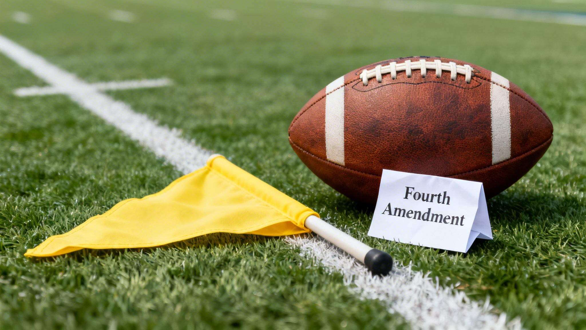 A football, a yellow penalty flag, and a sign reading 'Fourth Amendment' on a green football field.