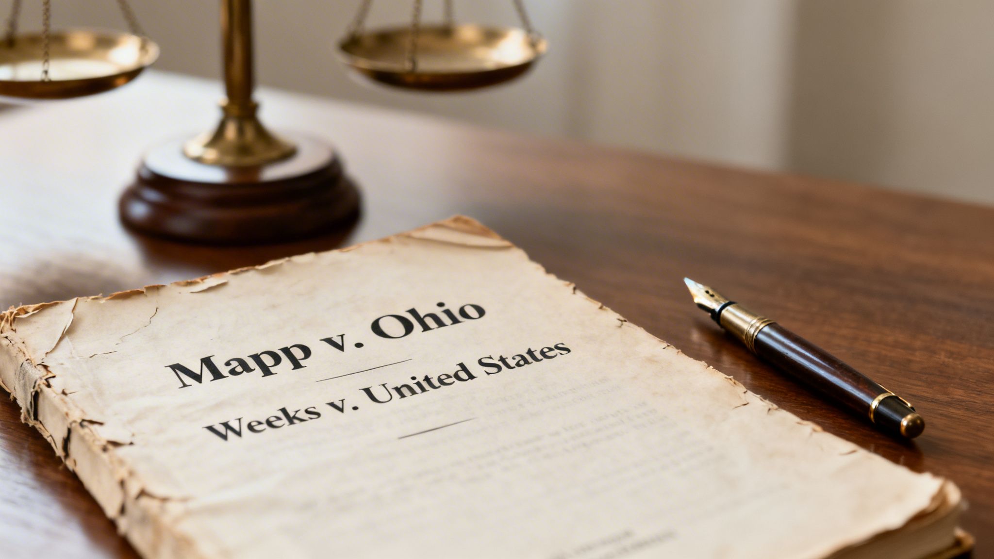 Law book open to 'Mapp v. Ohio' and 'Weeks v. United States' with a pen and justice scales.