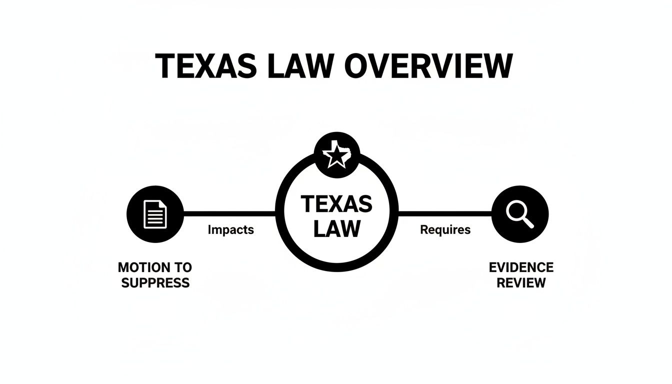 Diagram illustrating Texas Law overview, impacting Motion to Suppress and requiring Evidence Review.