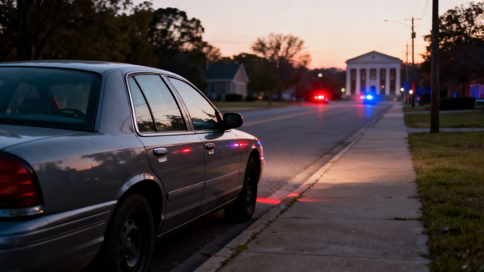 A police car with flashing lights parked on a street at dusk, with more emergency lights in the distance.