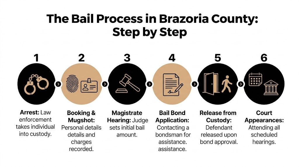 A six-step infographic detailing the bail process in Brazoria County from initial arrest to court appearances.