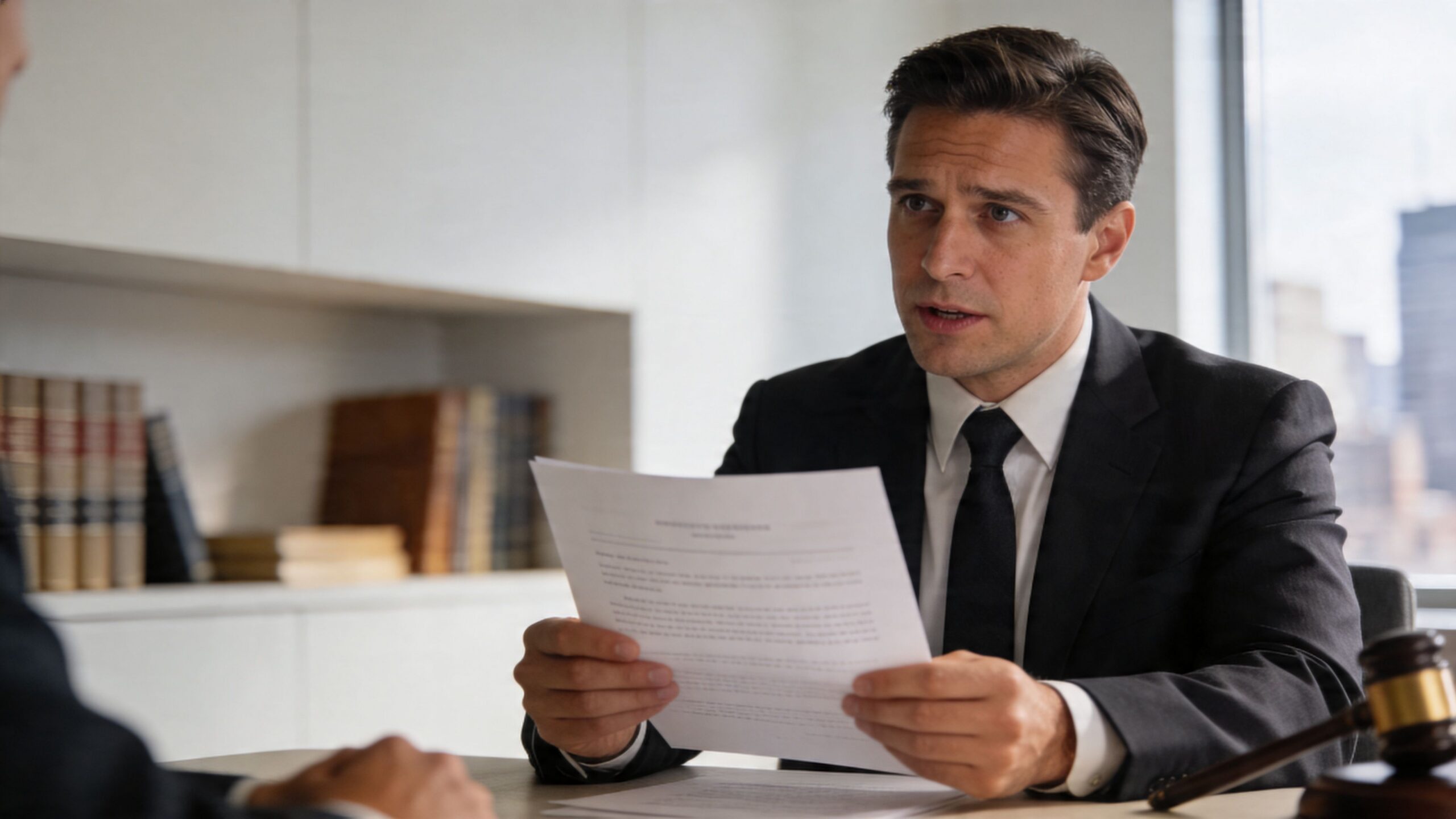 A professional lawyer in a black suit reading legal documents in a law office with a gavel.