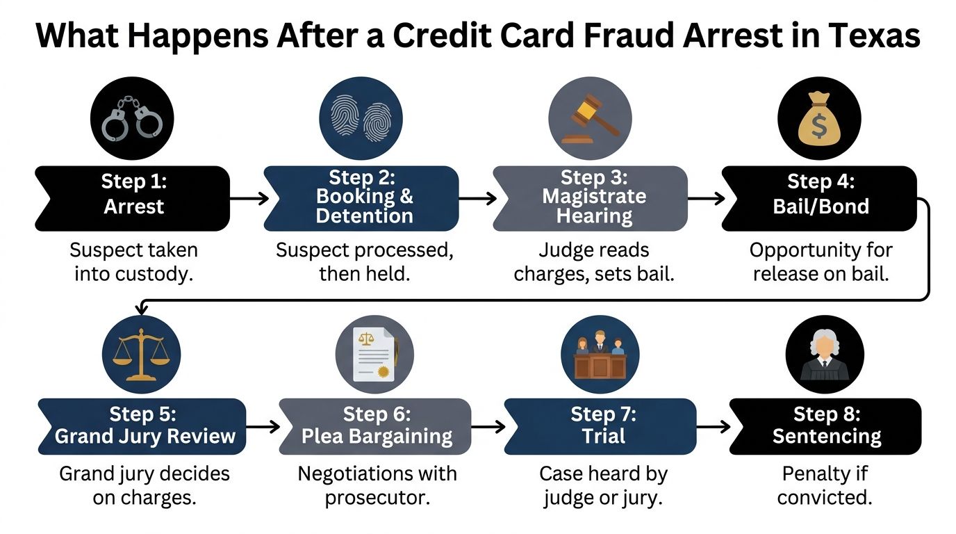 A flowchart detailing the eight legal steps following a credit card fraud arrest in Texas.