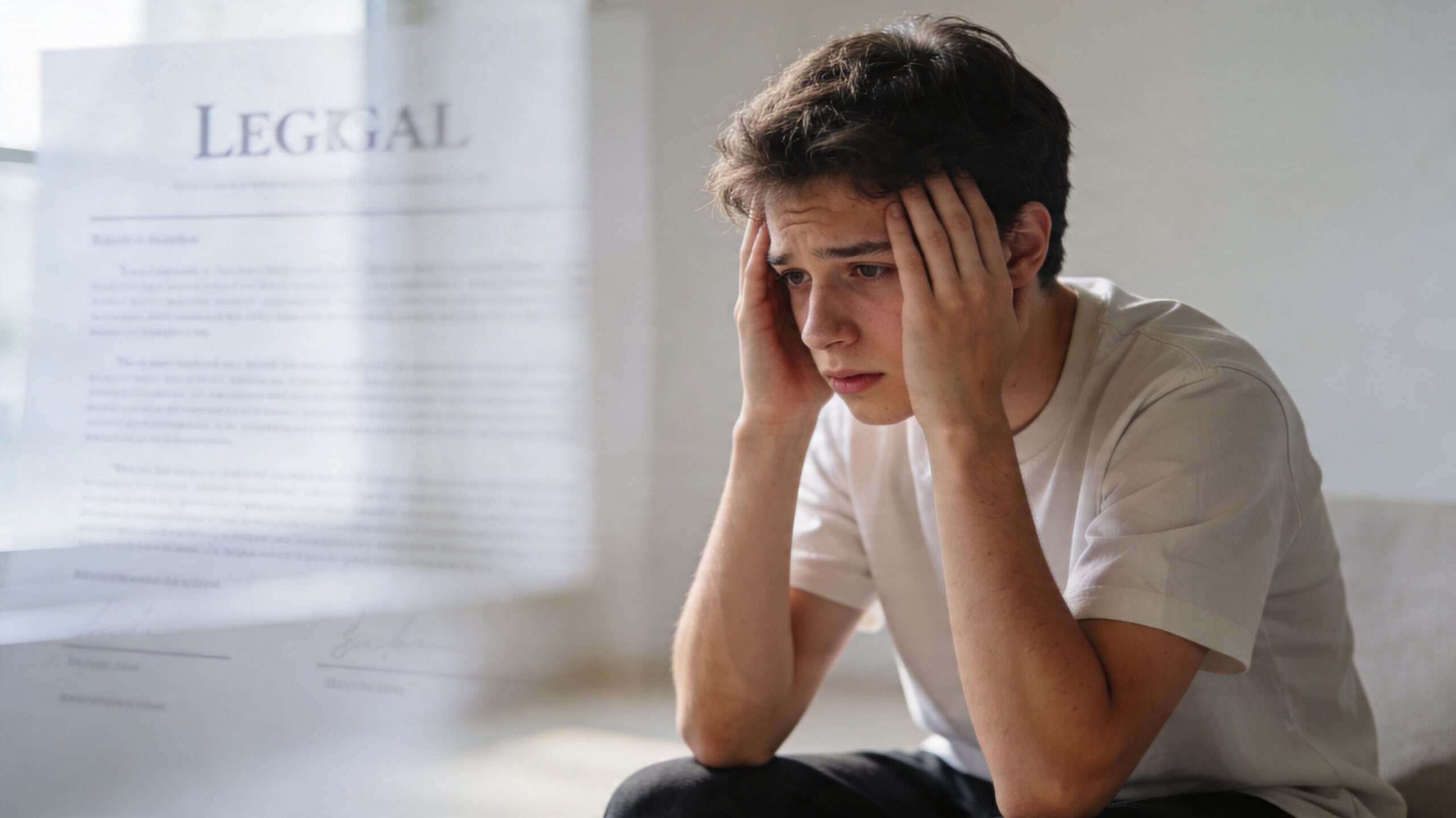 A distressed young man looking overwhelmed while sitting near a blurred legal document about Texas drinking laws.